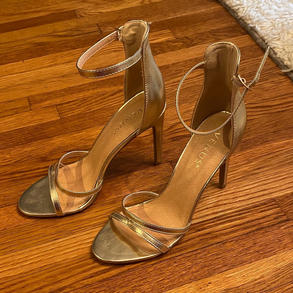 VENUS Gold Ankle Strap Heels